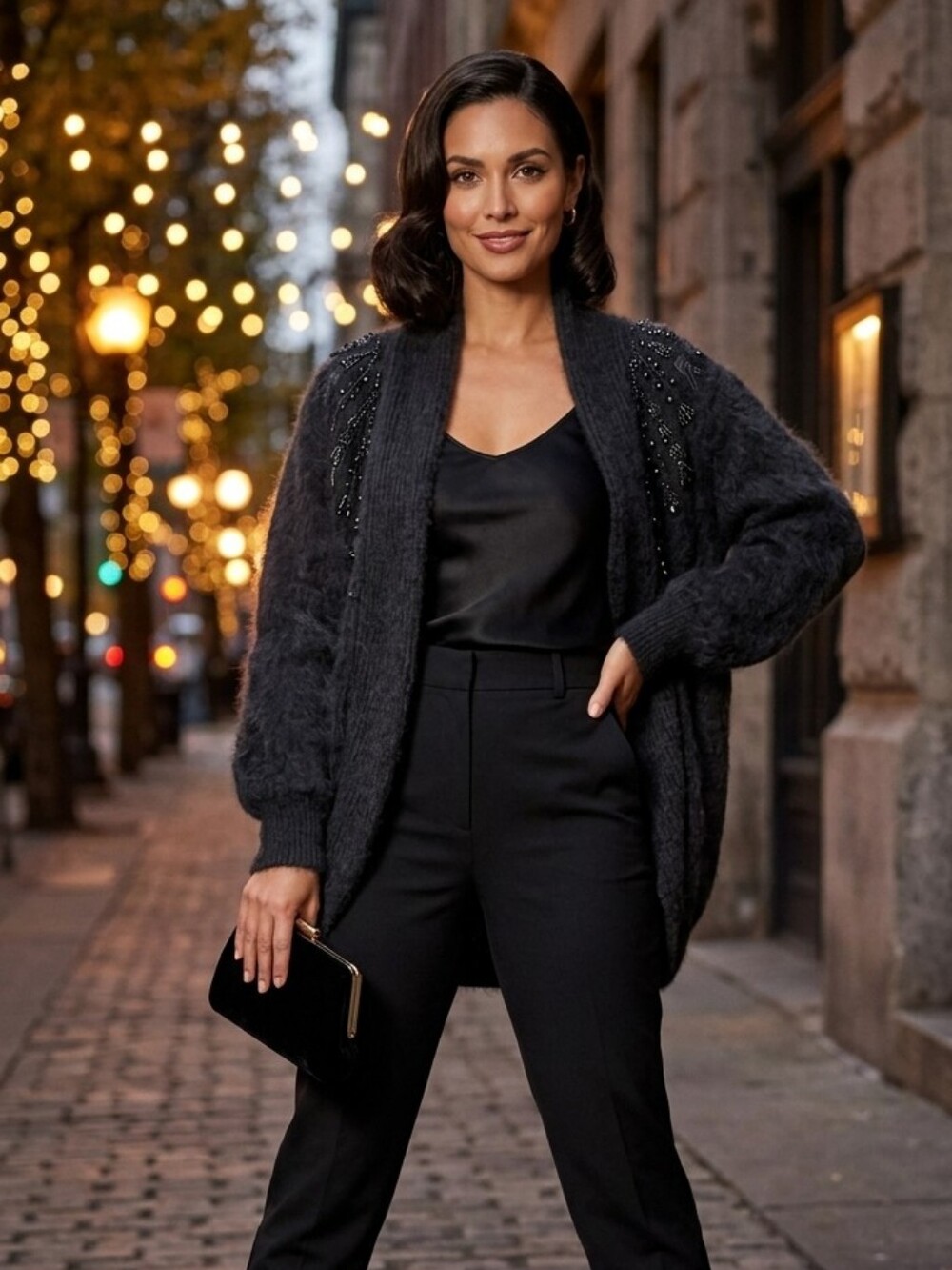 VTG Anna Rossi Beaded Angora Lambswool Cardigan | Black | Size M | Fuzzy Glam